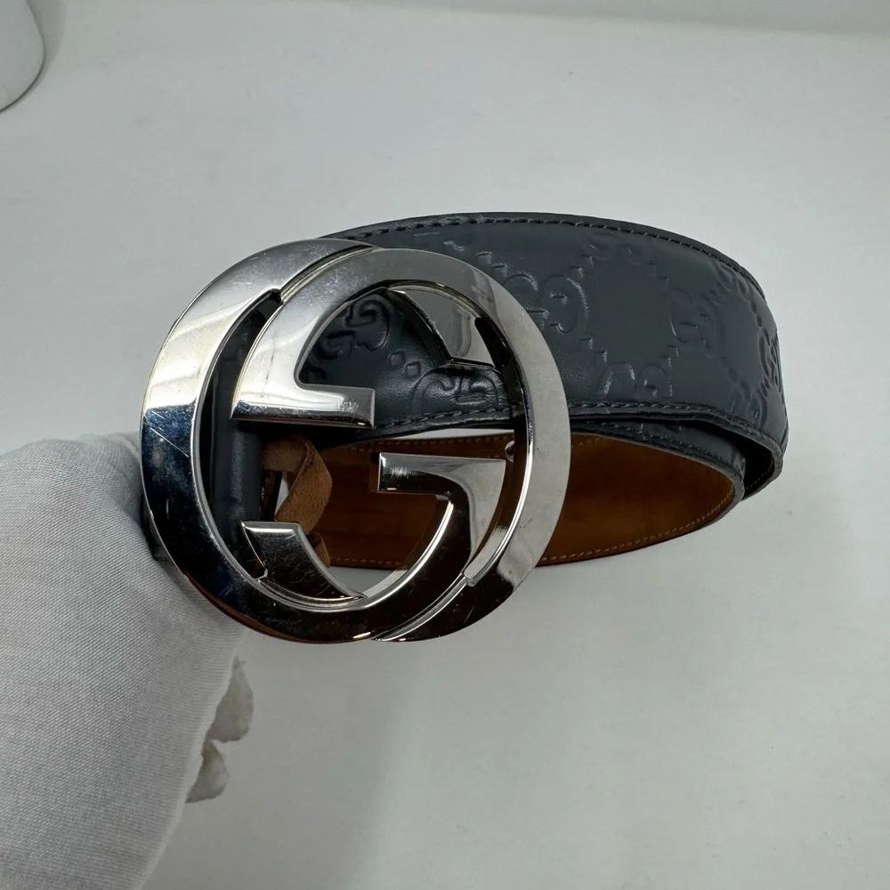 💯Authentic Gucci Grey Leather & Silver Interlocking GG Belt -size 85 - Picture 2 of 4